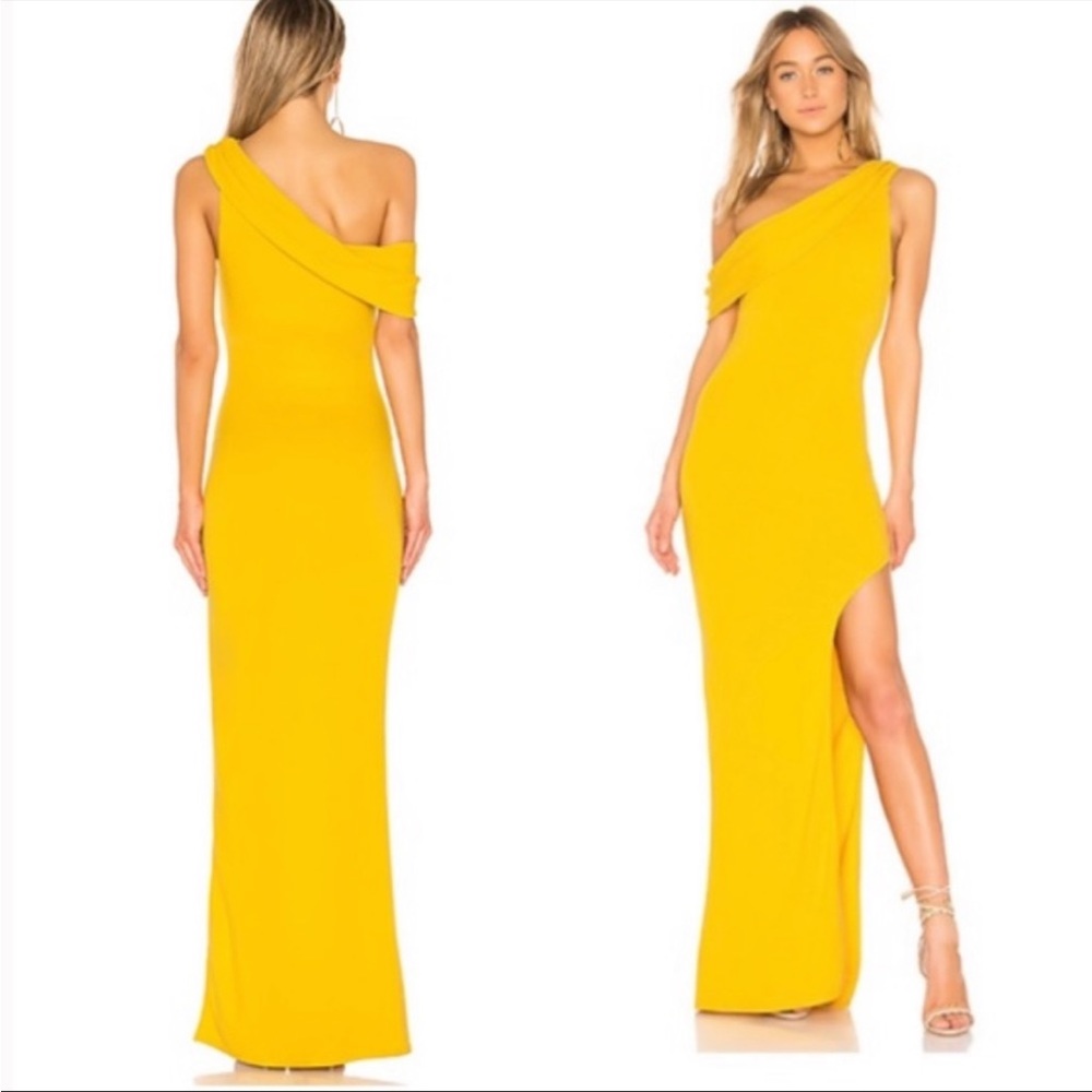 Lovers + Friends One Shoulder Gown XS Marigold Yellow Gold maxi dress high slit